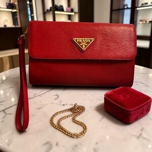 Prada Red Leather Wristlet Clutch with Gold Triangle Logo
